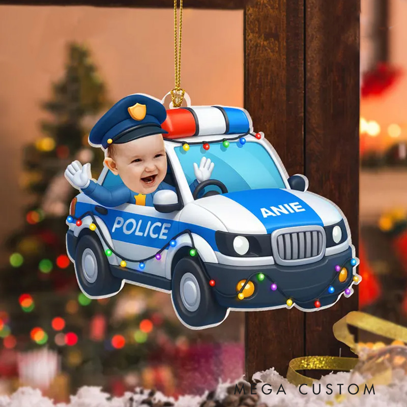 Personalized Kid Face Police Car Cartoon Personalized Acrylic Photo Ornament Christmas Gift for Grandkids Custom Kid Face Car Toys Cop Face Kid