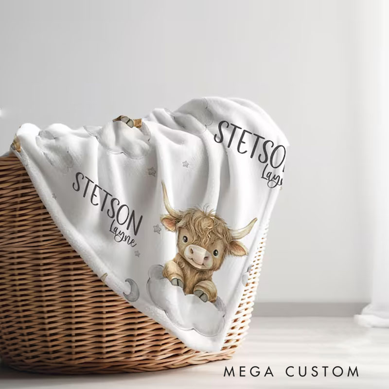 Personalized Cute Highland Cow Baby Blanket with Custom Name and Adorable Animal Graphic for Cozy Comfort Blanket