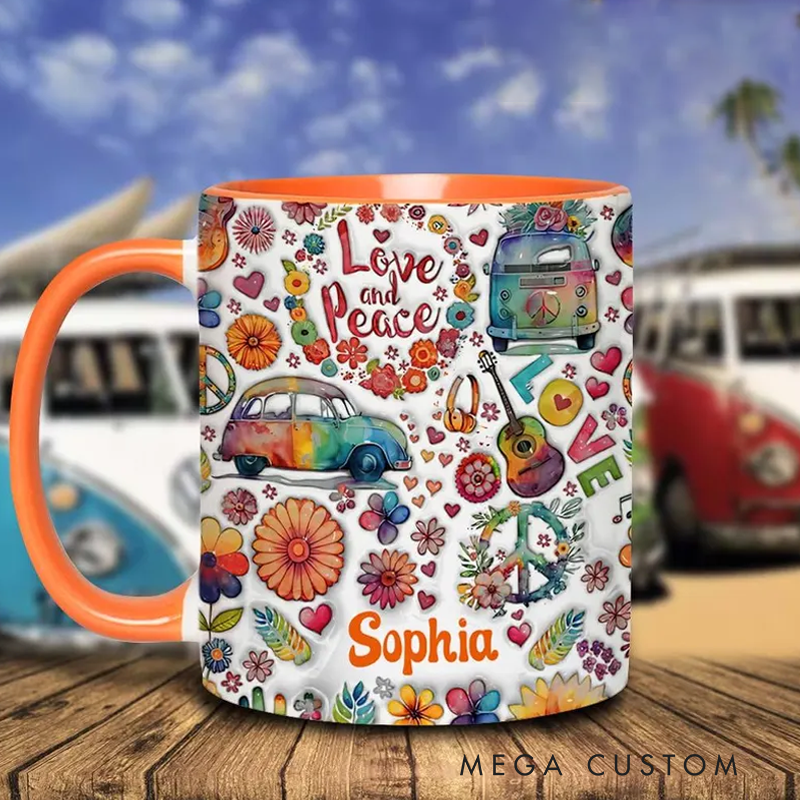 Personalized Hippie Accent Mug Love and Peace Accent Mug Flower Van Guitar Peace Sign Coffee Mug Ceramic Mug Custom Mug