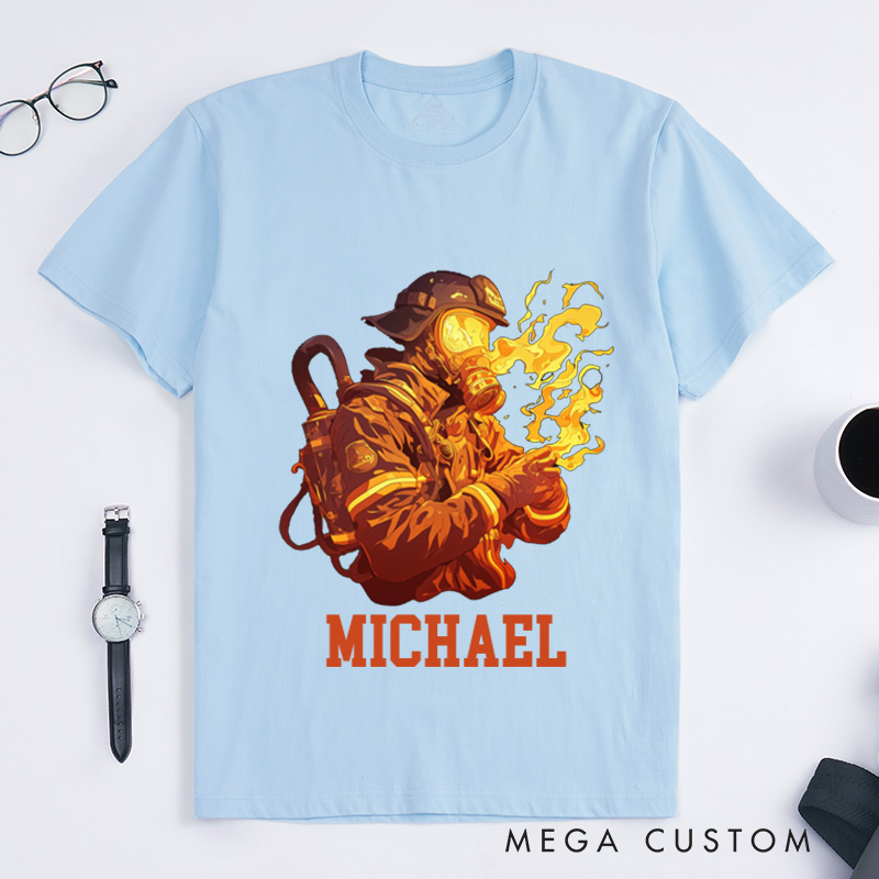 Personalized Firefighter T-Shirts Custom Firefighter Flames Graphic Design T-Shirt Firefighter Dad Gift