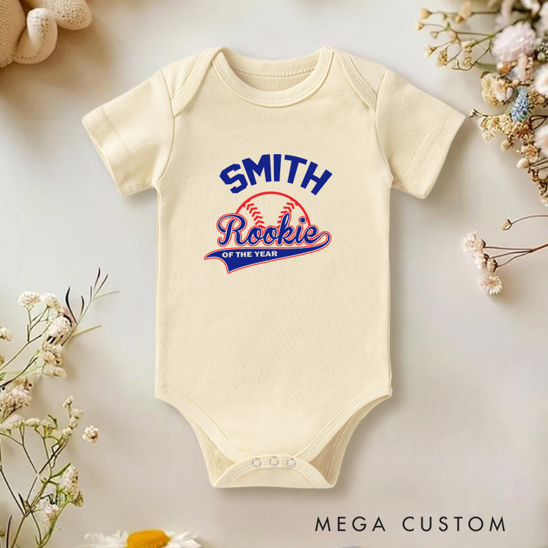 Personalized Rookie of the Year Fun Baseball Themed Design for Newcomers Baby Onesie
