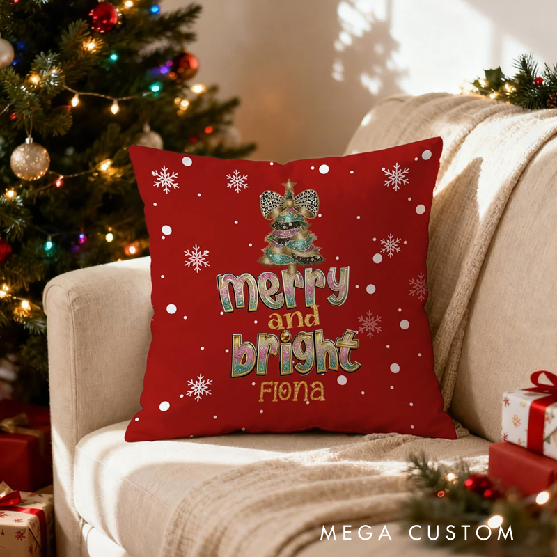 Personalized Merry and Bright Leopard Print Bow Christmas Tree Soft Throw Pillow Cover with Name Home Decor Christmas Gift for Kids Family