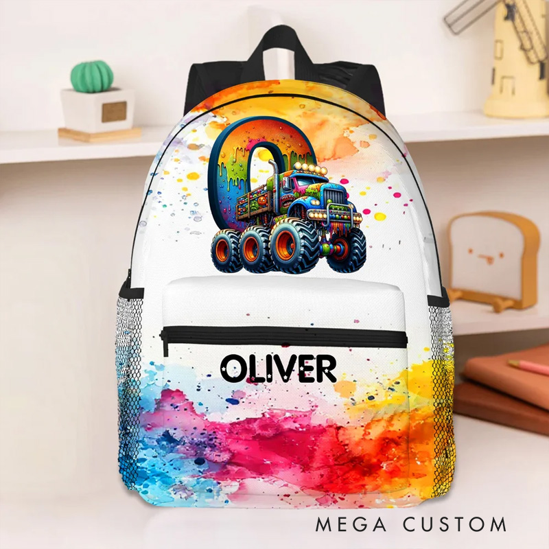 Personalized Watercolor Truck Initial Large Capacity Backpack with Name Back to School Birthday Christmas Gift for Boys Truck Lovers