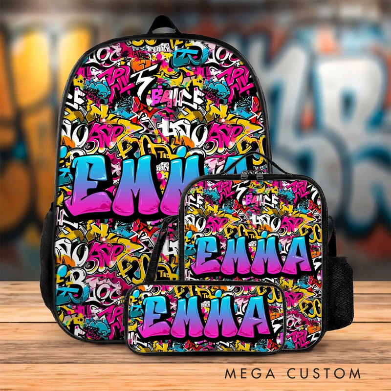 Personalized Colorful Graffiti Style Name Backpack Lunch Bag Pencil Case Set Back to School Birthday Gift for Boys Girls Students