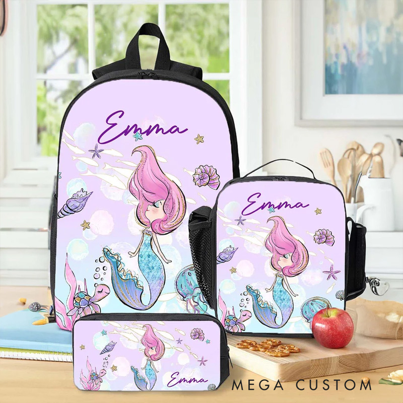 Personalized Cartoon Mermaid Backpack Luch Bag Pencil Case Set with Name Back to School Birthday Gift for Girls