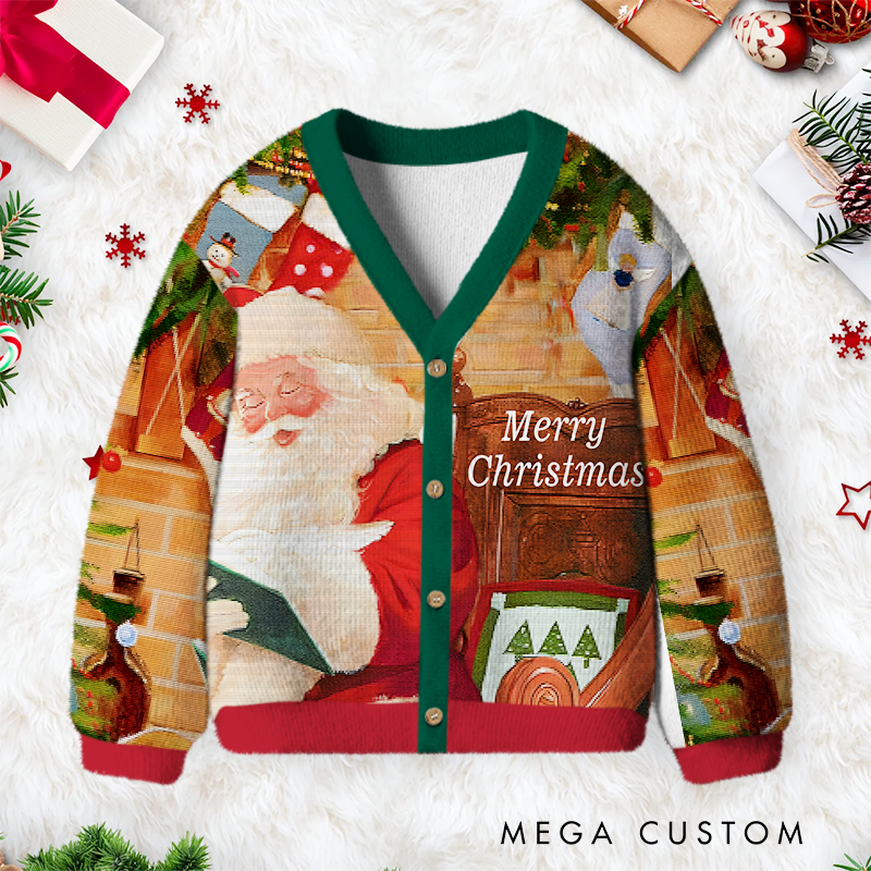 Personalized Retro Santa Claus Kids Christmas Cardigan Sweater Funny Sweatshirt Gifts