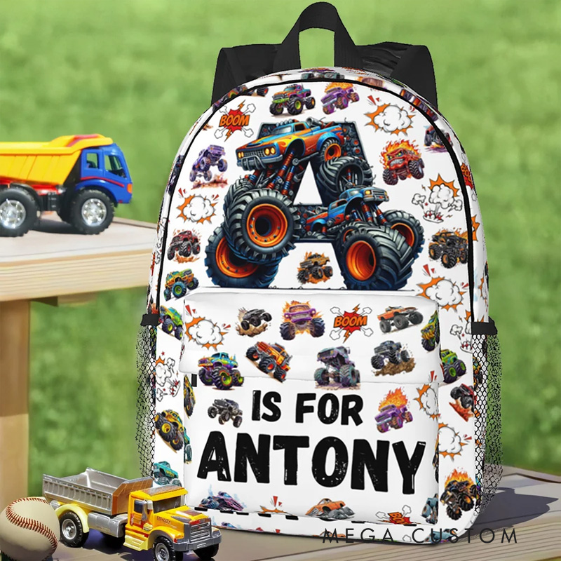 Personalized Big Wheel Off-Road Truck Initial Large Kid Backpack with Name and Side Pockets Daily Use Back to School Birthday Gift for Kids