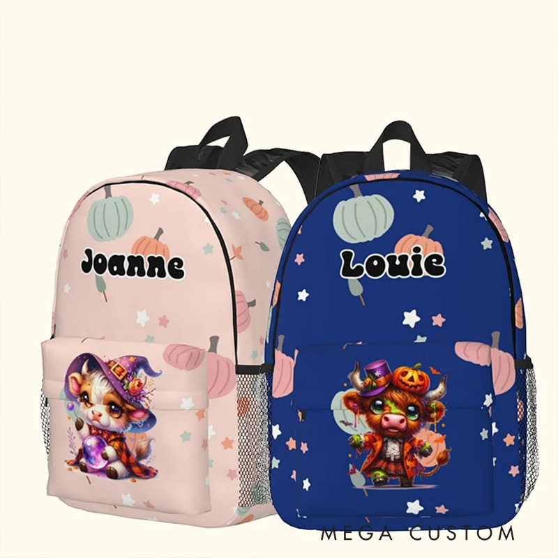 Personalized Highland Cow Pumpkin Design Waterproof Kid School Backpack with Name Halloween Fall Back to School Gift for Boys Girls