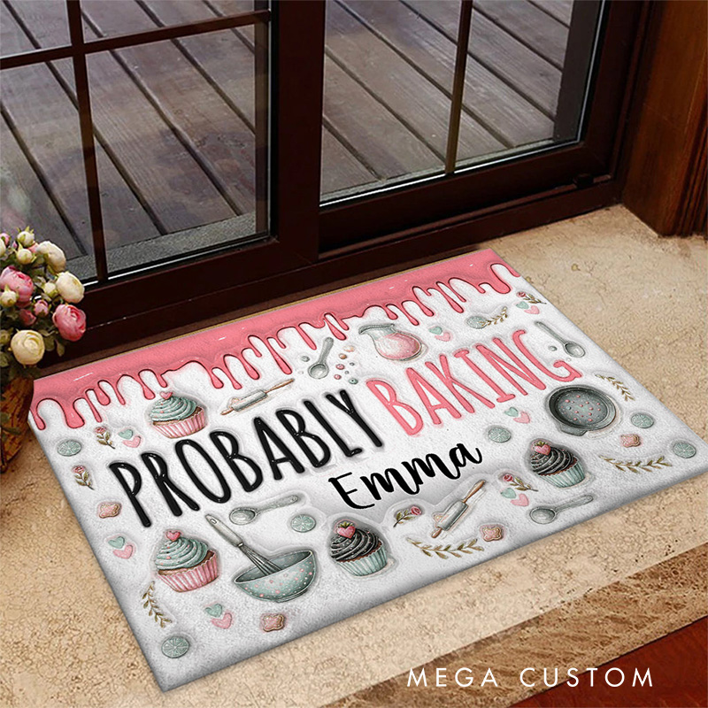 Personalized Probably Baking Doormat Custom Welcome Mat for Baker with Name Washable Non-Slip Kitchen Doormat Baking Lover Gift