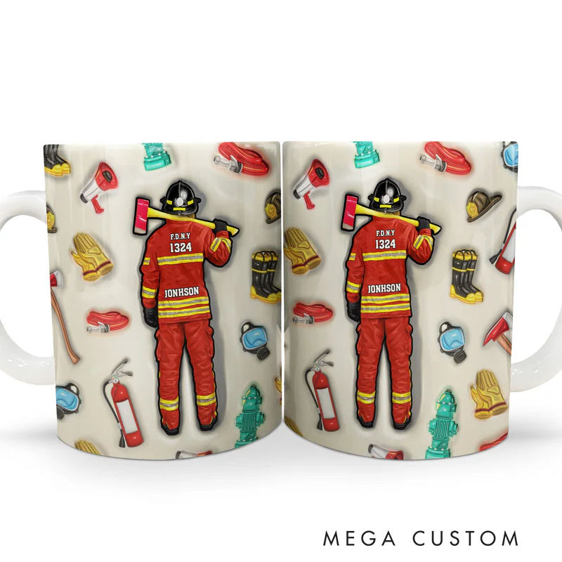 Personalized Firefighter 3D Effect Mug with Custom Name and Badge Number Gift for Firefighter