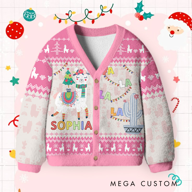 Personalized Festive Kids Cardigan Sweater with Custom Name and Colorful Holiday Patterns for Winter Fun Cardigan Sweater