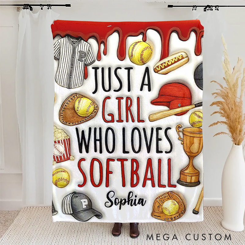 Personalized Softball Blanket with "Just a Girl Who Loves Softball" Design and Custom Name