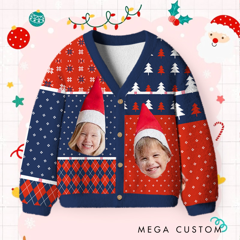 Personalized Photo Kids Cardigan Sweater with Custom Faces and Festive Holiday Patterns for Unique Christmas Fun Cardigan Sweater