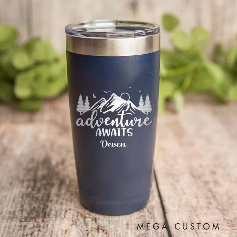 Personalized Outdoor Adventure Tumbler Adventure Awaits Coffee Tumbler Hiking Camping Mug Gift for Outdoor Lover
