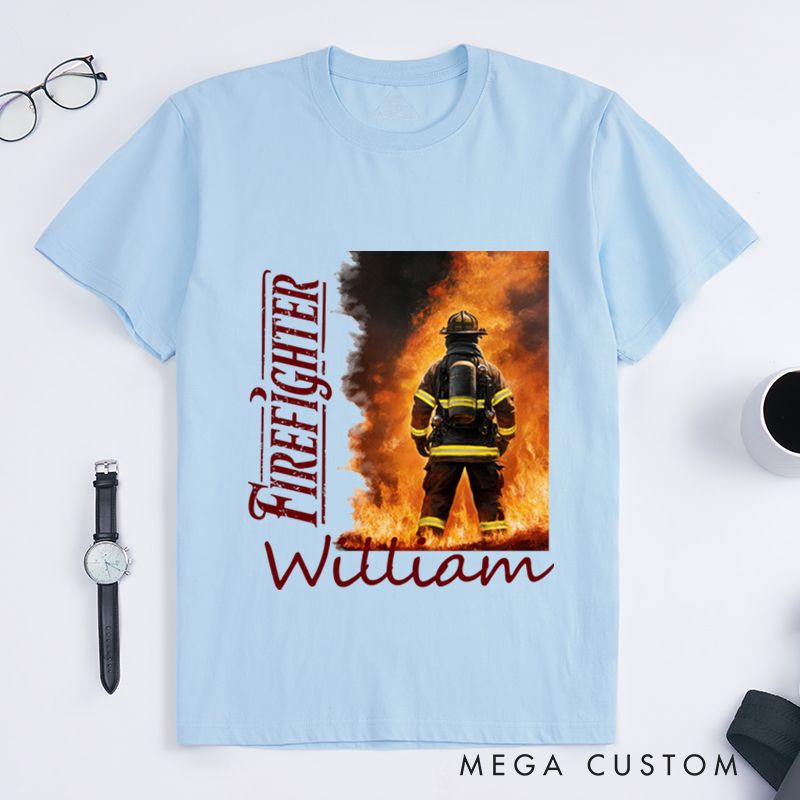 Personalized Heroic Firefighter and Flames Illustration Design Gift for Firefighter T-Shirt