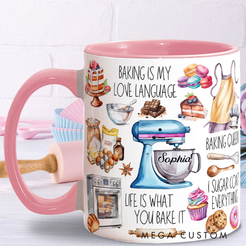 Personalized Baking Is My Love Language Mug 11oz Ceramic Baking Accent Mug with Name Coffee Cup for Baker Mom Sister Daughter Baking Lover Gift