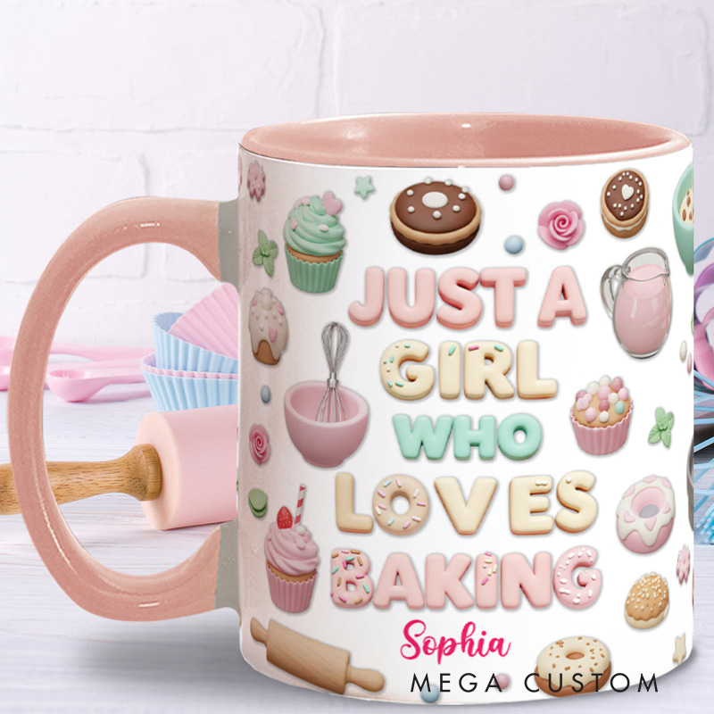 Personalized Just A Girl Who Loves Baking Mug 11oz Ceramic Baking Accent Mug with Name Coffee Cup for Baker Mom Sister Daughter Baking Lover Gift