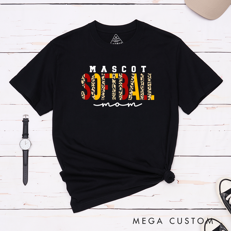 Personalized Softball Mom T-Shirt Design Featuring Custom Team Name Leopard Print Bold Typography and Stylish Script Accent