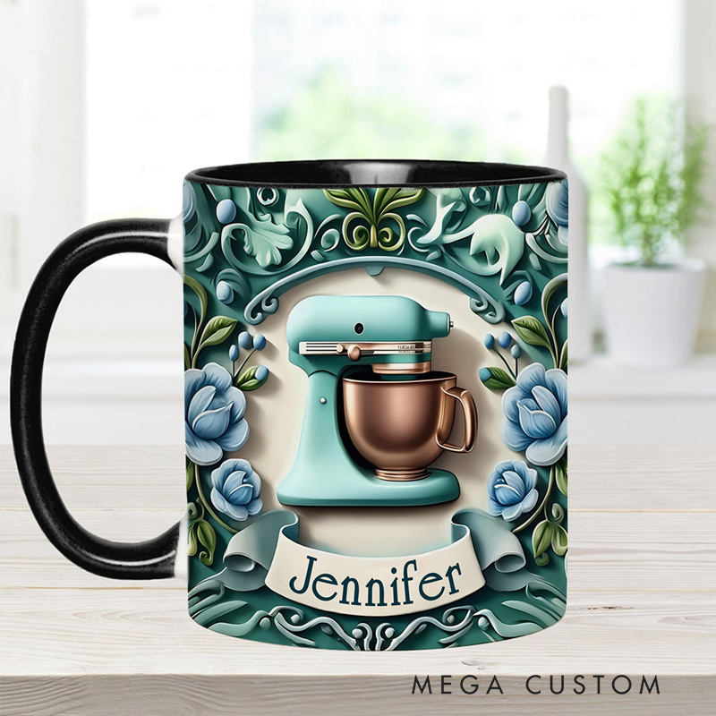 Personalized Baking Mixer Mug 11oz Ceramic Baking Accent Mug with Name Floral Coffee Cup for Baker Mom Sister Daughter Baking Lover Gift