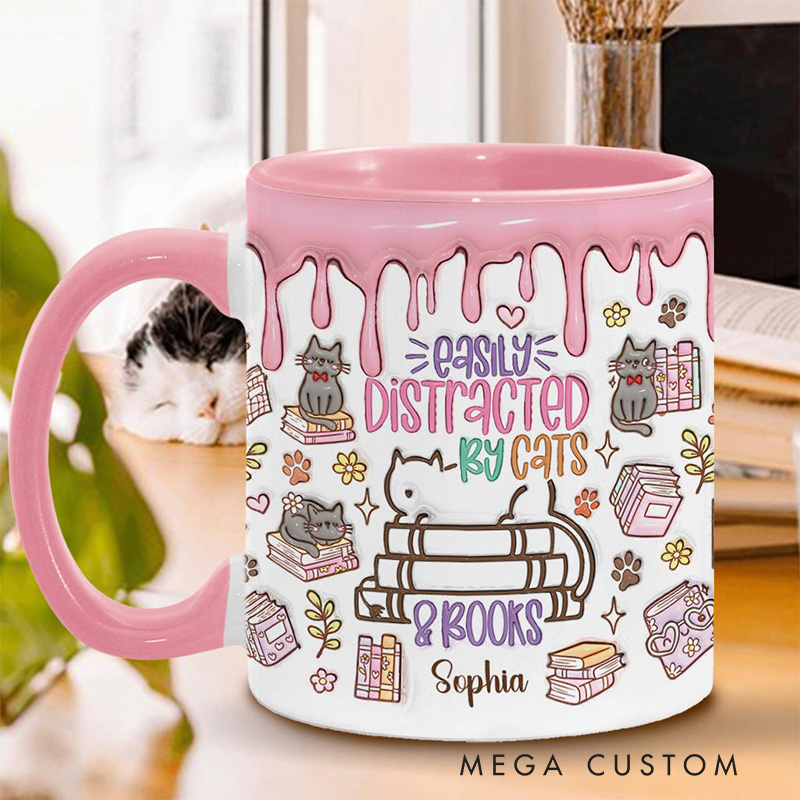 Personalized Easily Distracted By Cats and Books Mugs Custom Book Accent Mug with Name Fall Bookworm Coffee Mug for Reader Book Lover Librarian Gift
