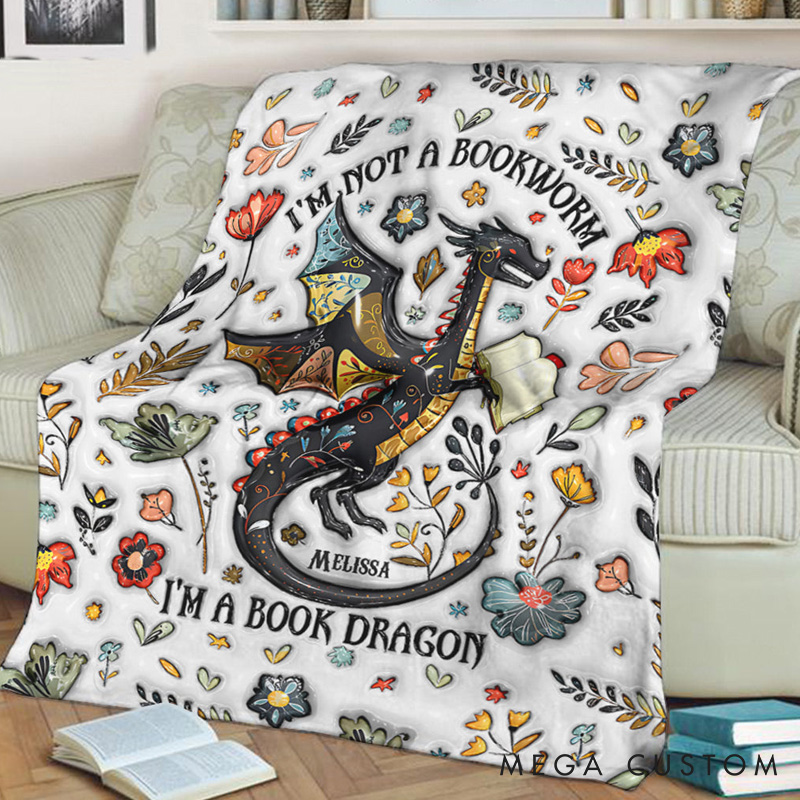 Personalized I'm Not A Book Worm I'm A Book Dragon Throw Blanket Custom Book Blanket for Fantasy Book Lover Bookish Blanket with Name for Bookworm Librarian Gift