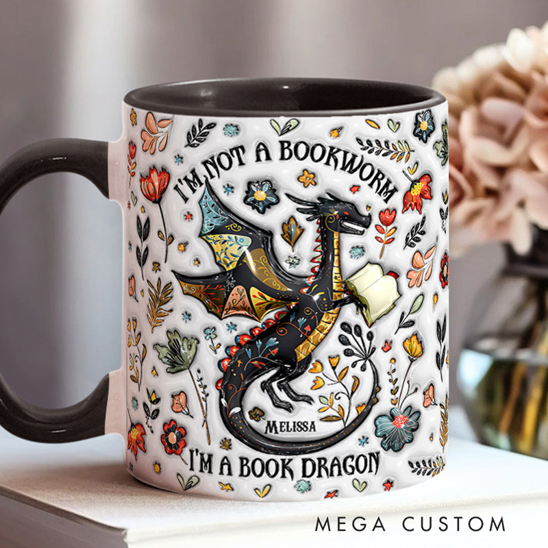 Personalized I'm Not a Book Worm I'm a Book Dragon Mugs Custom Book Accent Mug with Name Bookworm Coffee Cup for Reader Bookworm Book Lover Librarian Gift