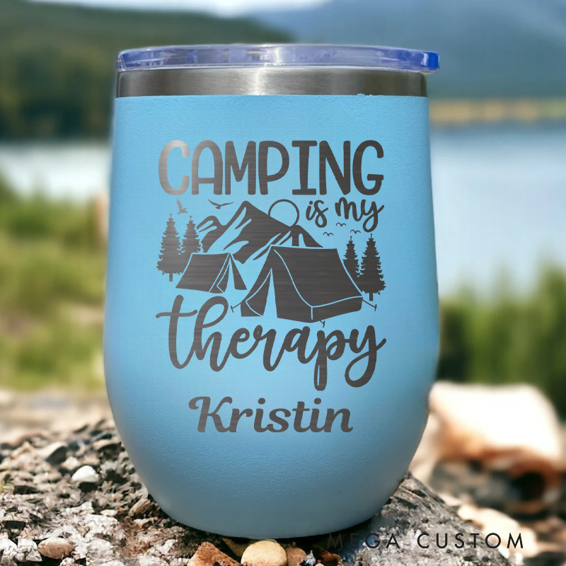 Personalized Camping Is My Therapy Tumbler Outdoor Camping Wine Tumbler Hiking & Camping Lover Mug