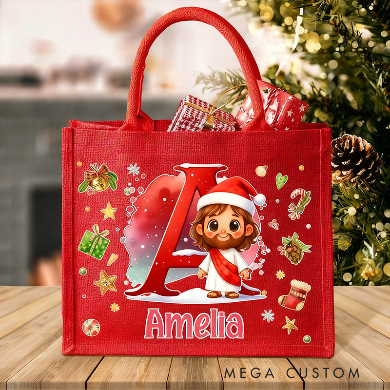 Personalized Cute Jesus Virgin Mary Reusable Red Jute Tote Gift Bag with Initial and Name Religious Christmas Party Gift for Family  Kids