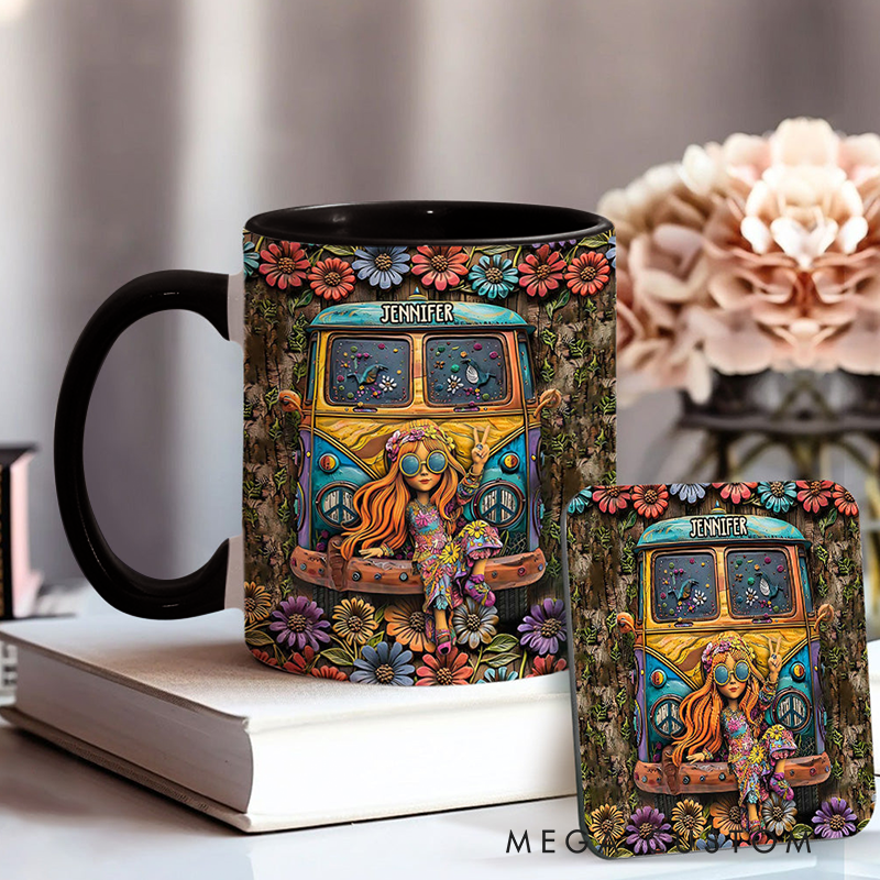 Personalized Hippie Accent Mug Hippie Lover Gifts for Girls Travel Cup Colorful Hippie Car Hippie Coffee Mug Bohemian Coffee Mug Peace Love Cup