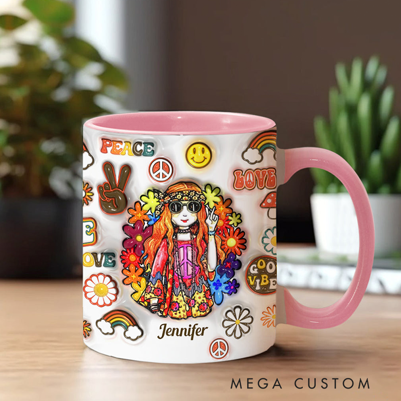 Personalized Name Hippie Accent Mug Hippie Girl Hippie Soul Peace Love Mug for Music Lover Gift