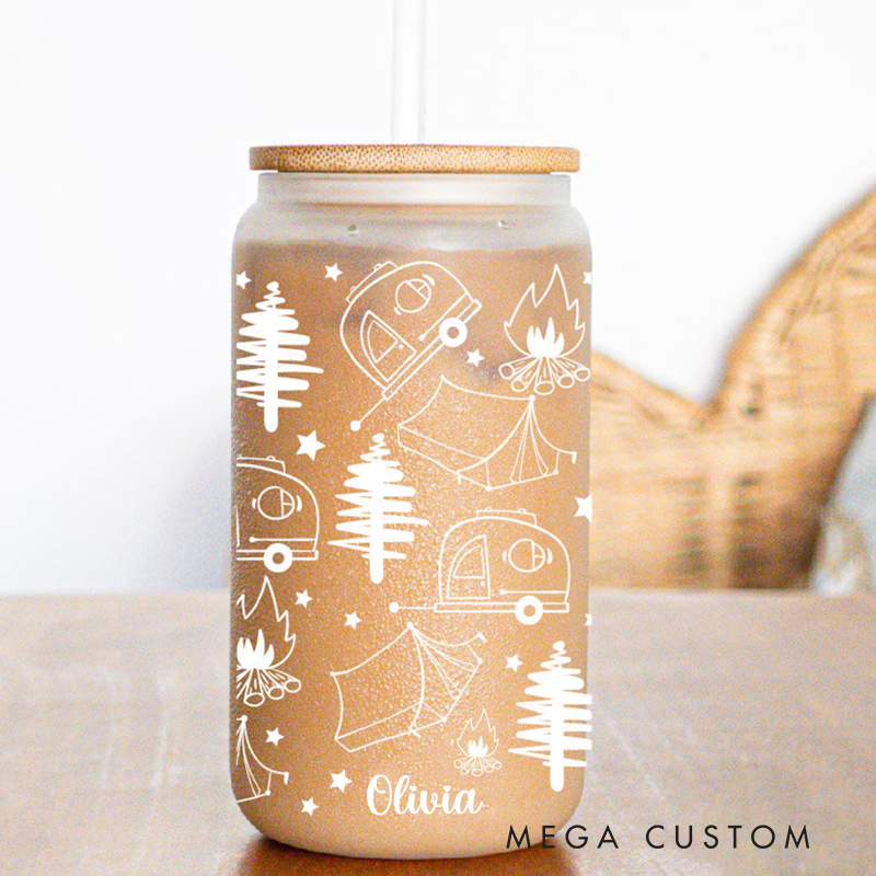 Personalized Camping Glass Tumbler Outdoor Campfire Cup with Lid & Straw Gift for Outdoor Campig Lover