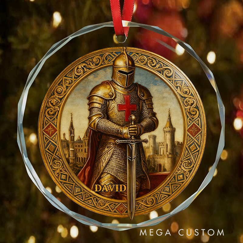 Personalized Medieval Knight Red Cross Christian Round Shaped Glass Ornament with Name Tree Decoration Christmas Gift for Christian