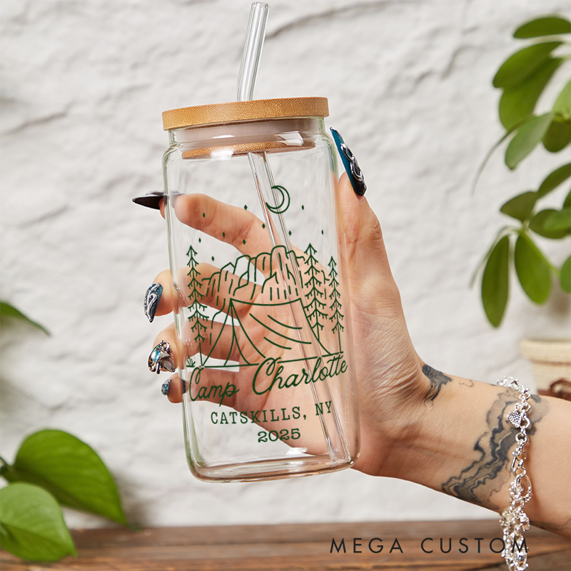 Personalized Camp Bachelorette Glass Tumblers Custom Camping Bachelorette Party Cup Outdoor Camping Coffee Cup Gift for Campig Lover