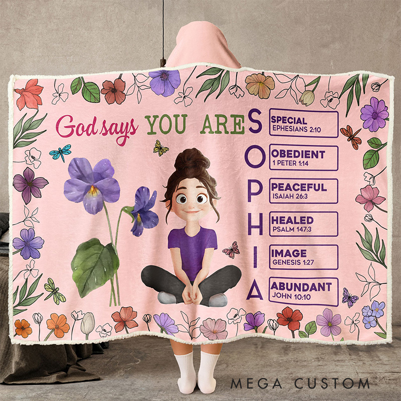 Personalized God Says You Are Cartoon Character Soft Hooded Blanket with Name Letter In Bible Home Accessory Birthday Christian Gift for Women