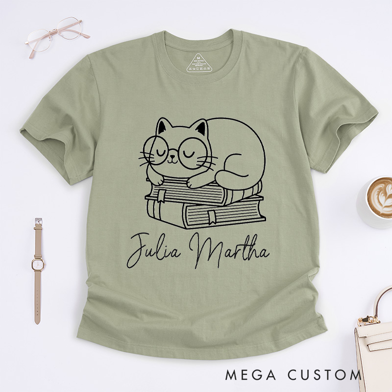 Personalized Books and Cat Classic T-Shirts Funny Cat Tee Funny Reading Shirt Cat Shirt Book Shirt Customized Name Shirt Gift for Books Lover