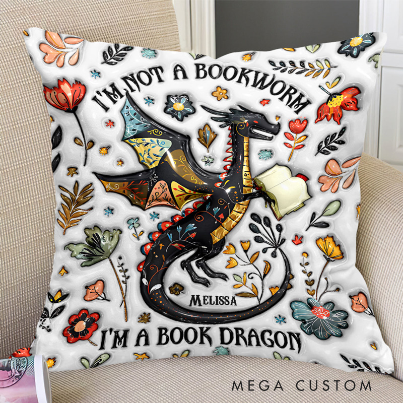 Personalized I'm Not a Book Worm I'm a Book Dragon Throw Pillow with Name Library Pillow Cover with Book Names for Fantasy Book Lovers Readers Bookworm Gift