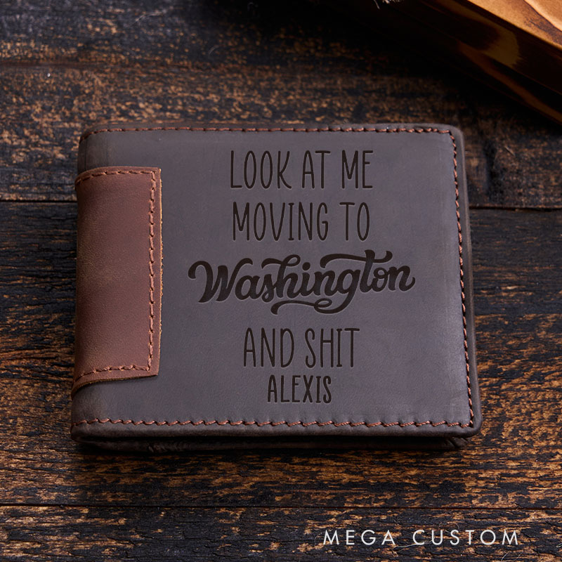 Personalized Leather Wallet Custom Engraved Design Moving To Washington Theme Unique Gift For Him Durable Bifold Wallet With Stylish Engraving