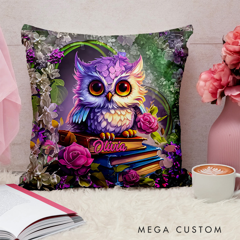 Personalized Owl Book Throw Pillow with Name Library Floral Book Pillow Cover with Names for Fantasy Book Lovers Readers Bookworm Gift