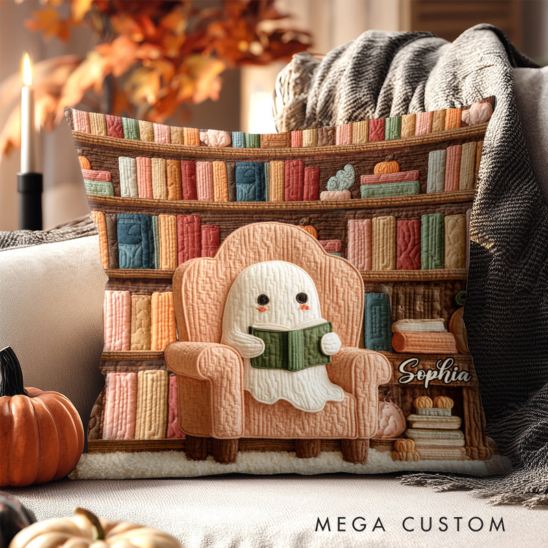 Personalized Bookish Throw Pillow with Name Reading Ghost Book Pillow Cover with Names for Book Lovers Readers Bookworm Gift
