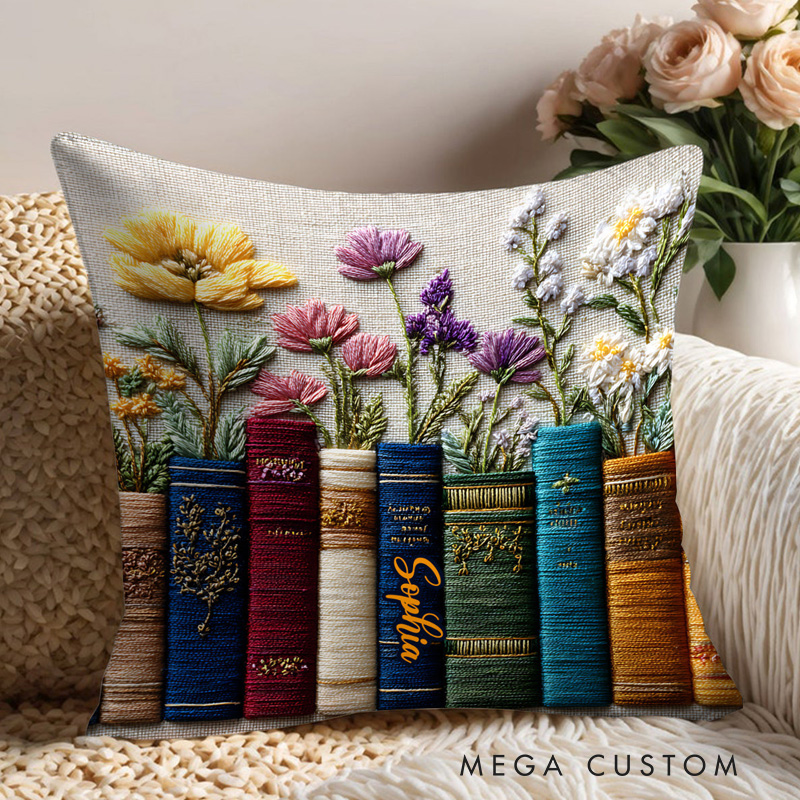 Personalized Books and Flowers Throw Pillow with Name Floral Book Pillow Cover with Names for Book Lovers Readers Bookworm Gift