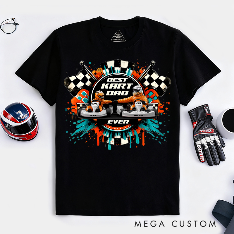Personalized Kart Racing Dad and Kid T-Shirt Custom Names and Numbers Gift for Racing Families and Kart Lovers