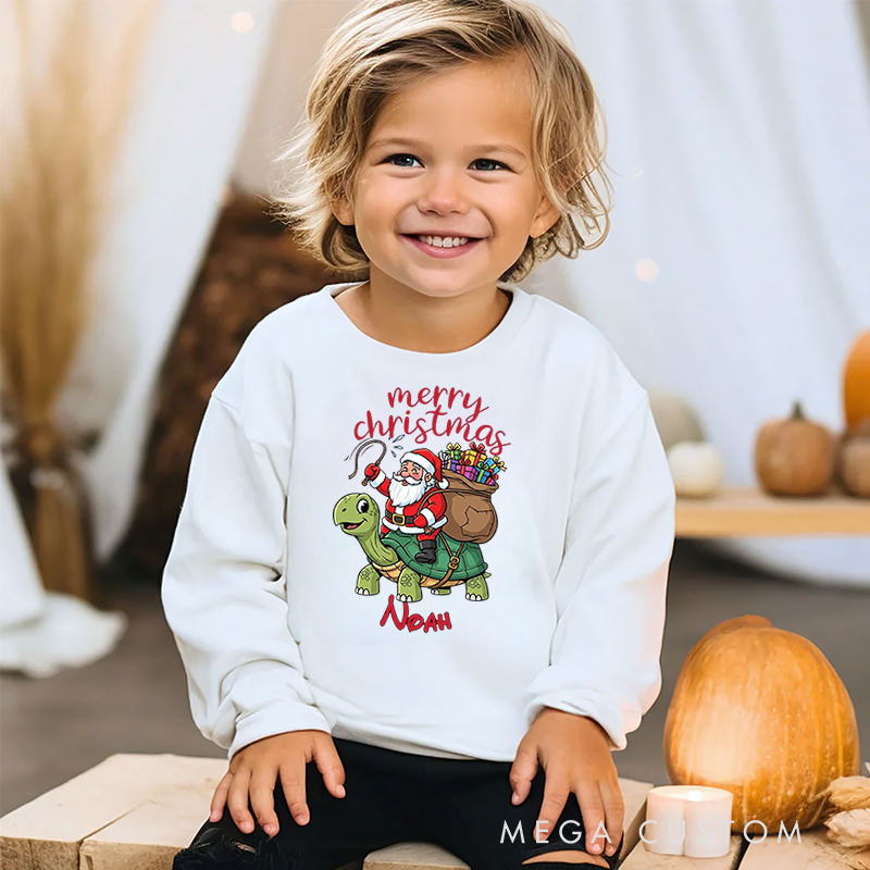 Personalized Kids Sweatshirt and Holiday Pullover Featuring Santa and Turtle Design for a Cheerful Christmas Atmosphere