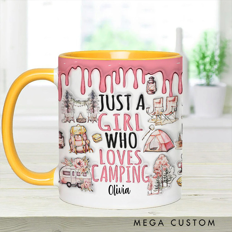 Personalized Just a Girl Who Loves Camping Mug Outdoors Adventure Mountains Camper Hiking Cup Gift for Kid Outdoors Lovers