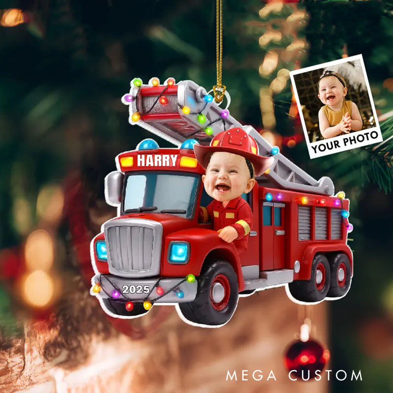 Personalized Fire Truck Christmas Ornament with Custom Photo and Name for Kids Who Love Fire Trucks Christmas Ornament