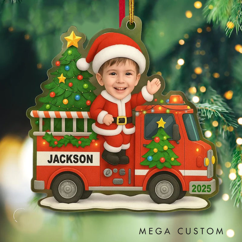 Personalized Fire Truck Christmas Ornament with Custom Photo and Name for Kids Who Love Fire Engines Christmas Ornament