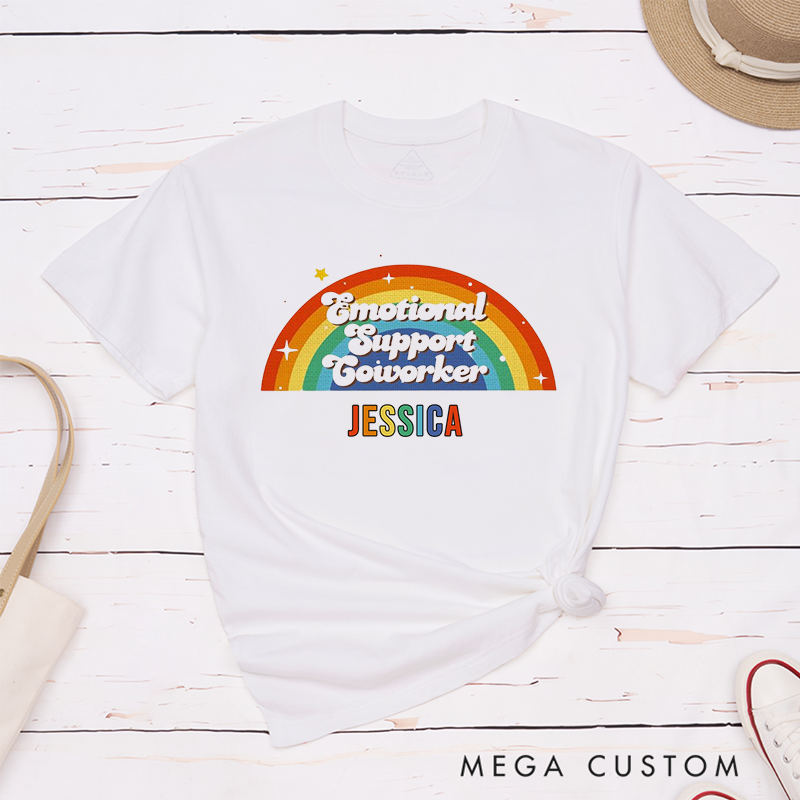 Retro Rainbow T-Shirt – Emotional Support Coworker Custom Name Design
