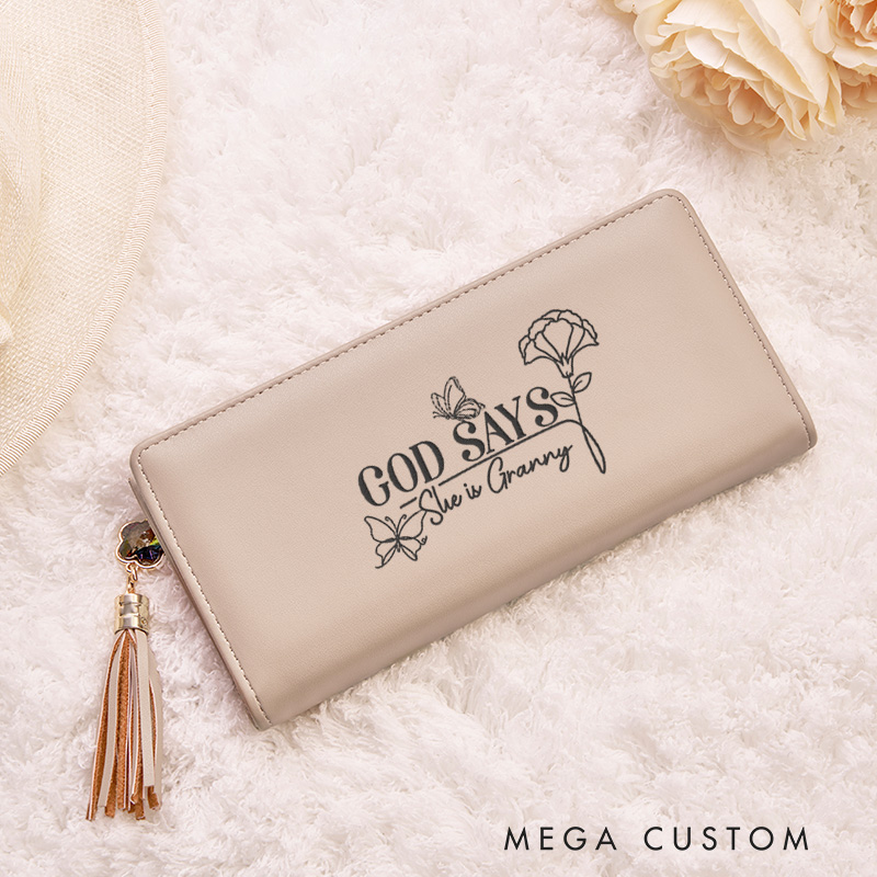 Personalized God Says she is Leather Wallet with Birth Flower Slim Wallet Clutch Purse Religious Gift Birthday Gift for Women 
