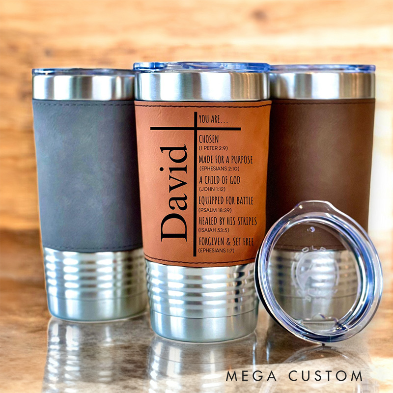 Personalized Cross You Are Chosen 20oz Vintage Leather Tumbler for Men Religious Retirement Baptism Birthday Gift for Christian