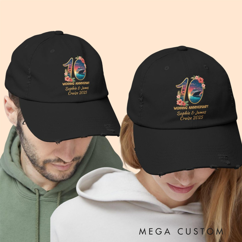 Personalized Couple Matching 10th Wedding Anniversary Hat Custom Names Cruise Vacation Trip Distressed Dad Hat Black Vintage Baseball Cap