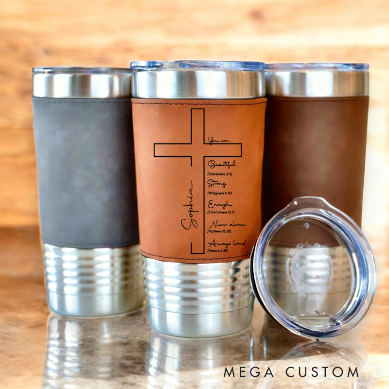 Personalized Cross You Are Chosen Bible Verse 20oz Vintage Leather Tumbler with Name Religious Retirement Birthday Gift for Christian Men